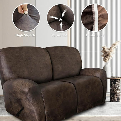 Leather Look Loveseat Recliner Covers Stay in Place 6-Piece Recliner Sofa Slipcover 2 Seater Reclining Couch Cover Furniture Protector Spandex Fabric Washable (Recliner Loveseat, Brown)