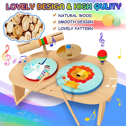 LOOIKOOS Kids Drum Set for Toddlers 1-3, All in One Montessori Musical Instruments -Wooden Percussion Educational Preschool Music Toys for Baby 12-18 Months