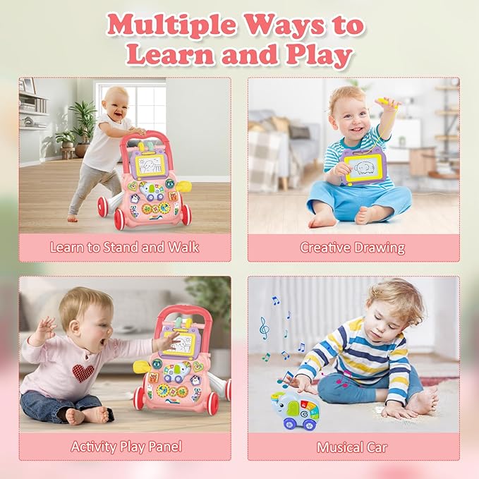 Sit to Stand Baby Walker 0-6 Months, Baby Learning Walker with Music and Drawing Board, Early Educational Activity Centres Push Pull Toy for Boys Girls 6-12M+