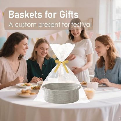 JMvicyroam Woven Basket,Small Rope Storage Bin with Handles & Ribbon Bag, Organizer for Shelves Closets,Gift Basket Empty for Birthday,Books,Dog Toys, Grey/2 Pack