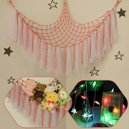 Stuffed Animal Hammock with LED Lights - 59 Inch Large Toy Storage Net for Kids Bedroom, Wall-Mounted Plush Organizer with Wooden Rings, Nursery Decor (Handwoven, Dark Pink)