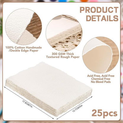 25 Sheets Watercolor Paper, 300 GSM Deckled Edge Paper 5 x 7 inch Rough/Textured Handmade Paper Cotton Paper White Textured Paper for Watercolors, Wedding Invitations, Cards, Crafts