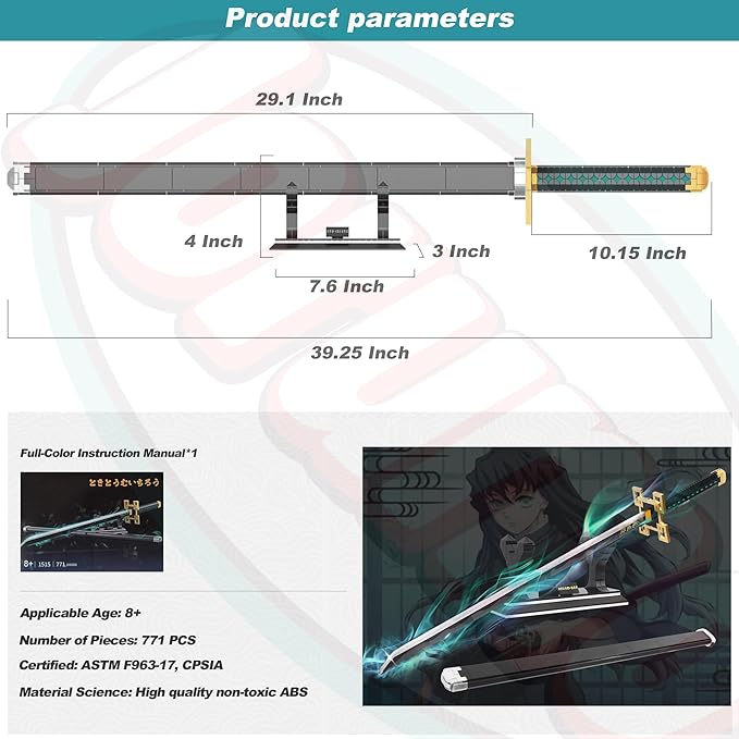 Jorumo Demon Slayer SwordsBuilding Sets for Adults and Kids, 40in Tokitou Muichirou Sword Building with Scabbard and Stand, Anime Sword Building Toy Katana Demon Slayer Gift, 771 Pcs