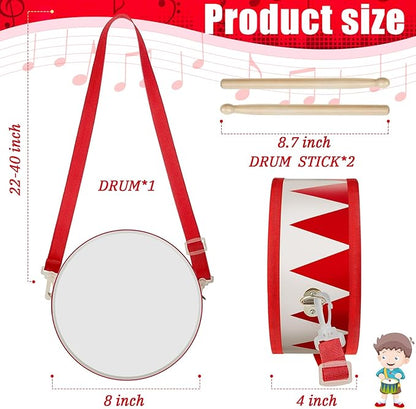 Kids Drum Set 7.87 in Wooden Toy Drum with Adjustable Strap 2 Drumsticks Educational Sensory Musical Instrument Set for Toddlers Kids Baby Toy Gift(Red Triangle Style)