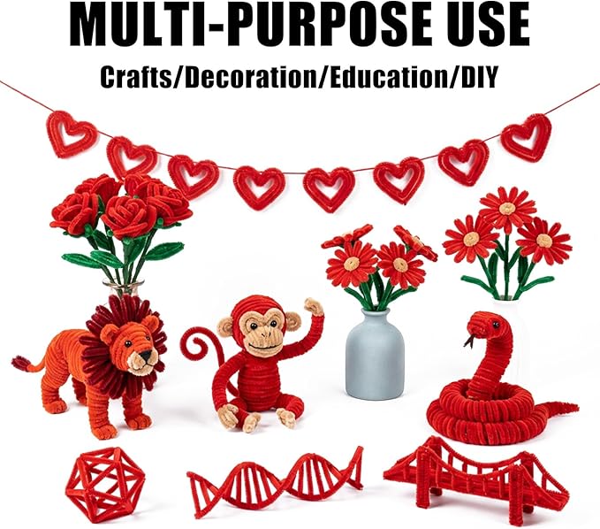 Red Pipe Cleaners Craft Bulk,Valentine's Day Gift,100Pcs Chenille Stems Hand Crafts,Flowers DIY Craft Supplies for Home/Christmas Arts and Crafts Decorations,Sensory Toys for Ages 8-13,Family Games