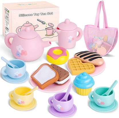 Silicone Tea Party Set for Little Girls,PRE-WORLD 25PCS Toys Toddler Tea Set with Play Food Dessert Cookies,Doughnut,Cake,Carrying Bag,Kids Kitchen Pretend Role Gifts for Girls Boys Age 3 4 5 6