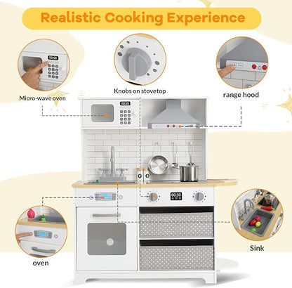 Play Kitchen for Kids, Wooden Kitchen Toy Playset with Stove, Oven, Sink and 17 Pcs Toy Food & Cookware Acces, Pretend Play Kitchen with 2 Fabric Drawers for Toddlers, Preschoolers Age 3+ Years, White