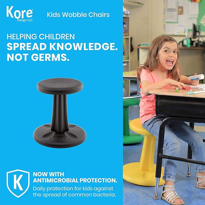 KORE DESIGN Wobble Stool Chair, Girls + Boys Kid Desk Stools, Ergonomic Small Office Chairs, Flexible Seating for Active Kids, ADD/ADHD, Classroom, School, Home, Pre-Teen (18.7in), Age 10-11 yr, Black