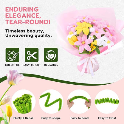 600PCS Pipe Cleaners Craft, Pipe Cleaner Bulk Flower Kit, 6 Colors Chenille Stems Flower Making Kit with Floral Wires, Gardening Tape, Stamen, Floral Wrapping Paper & Ribbon for Art and Craft Supplies