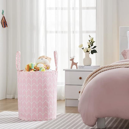 Large Storage Basket for Girls and Boys, Collapsible Laundry Hamper with Long Handles, Toy Bins for Nursery, Kids Room Décor Pink Geometry