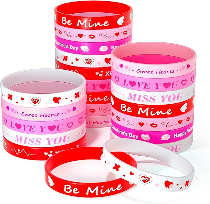 NEBURORA 40 Pieces Valentine's Day Silicone Wristbands Pink Red Heart Rubber Bracelets for Valentine's Gift Party Decoration Favors