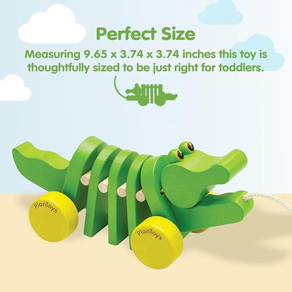 PlanToys® Dancing Alligator Pull Toy for Toddlers | Eco-Friendly Wood Toy with Click-Clack Sound | Walking Toy for Babies