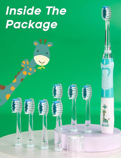 SEAGO Kids Electric Toothbrush with 2 Mins Brushing Timer and 8 Replacement Bursh Heads,Rainbow LED Light Make Brushing Fun, Blue Color Boys Battery Powerd Toothbrush for 4-12 Years Old