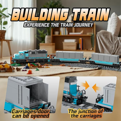 Train Building Block Set, Freight Cargo Internal Combustion Locomotive Model Building Toys, Gift for Kids Age 8+/Adult (1078 Pieces, with 32 Rails and Rechargeable Motor)