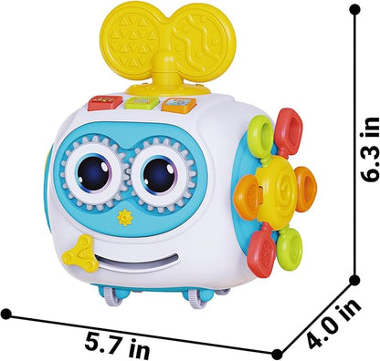 MoraBaby Robot Musical Busy Cube for Toddlers 1-3 Years Old, Montessori 6-in-1 Activity Cube with Lights & Sounds, Wheels for Tummy Time & Crawling Training, Birthday Gifts for Baby boy & Girl