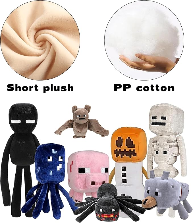 8Pack Snow Golem Plush, Enderman Plush, Baby Wolf, Baby Pig, Spider, bat, Skeleton Shooter, Squid Stuffed Animals Toys，Great Gift for Children and Fans.