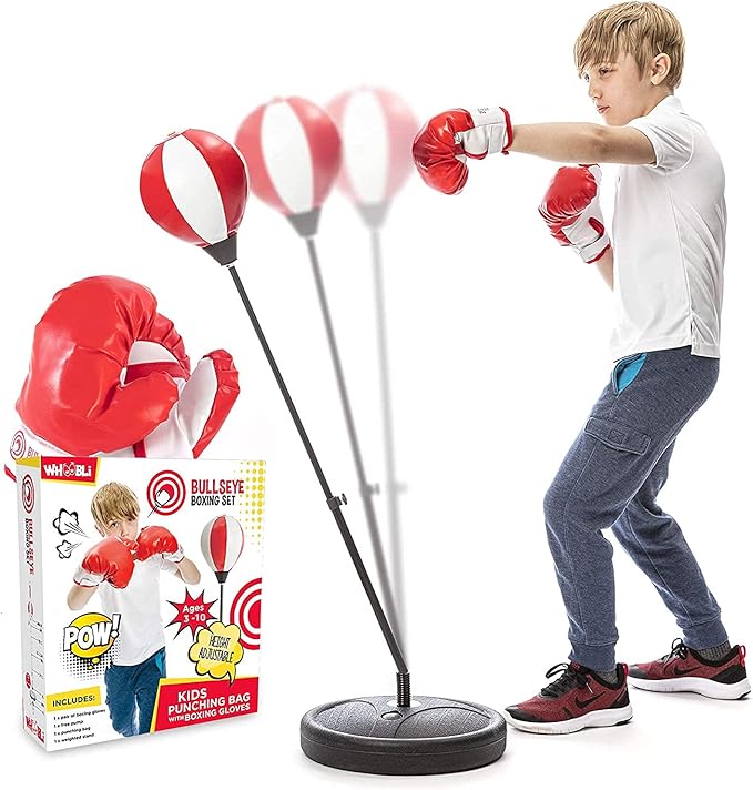 Whoobli Punching Bag for Kids Incl Boxing Gloves | 3-10 Years Old Adjustable Kids Punching Bag with Stand | Boxing Bag Set Toy for Boys & Girls (Red White); New 2025