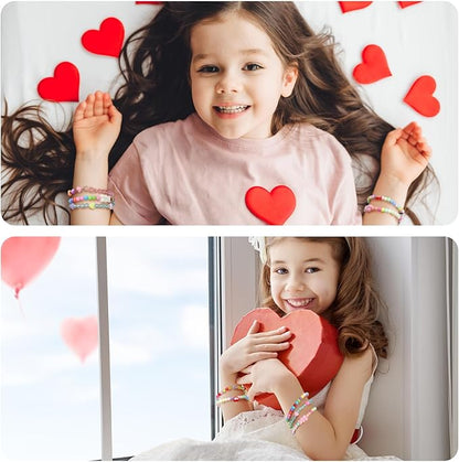 48 Pcs Valentine's Day Kids Friendship Bracelet Set Adjustable Beads Bracelets Cute Friendship Princess Pretend Play Bracelet Stretch Bracelet Preppy Bracelets Set for Girls Women(Heart)