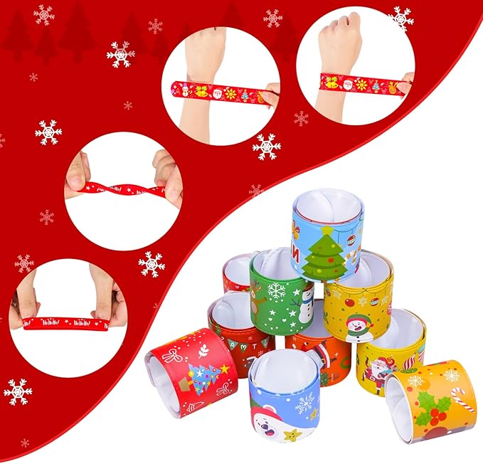 Garma 96Pcs Christmas Slap Bracelets Christmas Wristbands Rubber Band Christmas Silicone Bracelets for Kids Christmas Party Favors Christmas Stocking Stuffers Gifts (96)