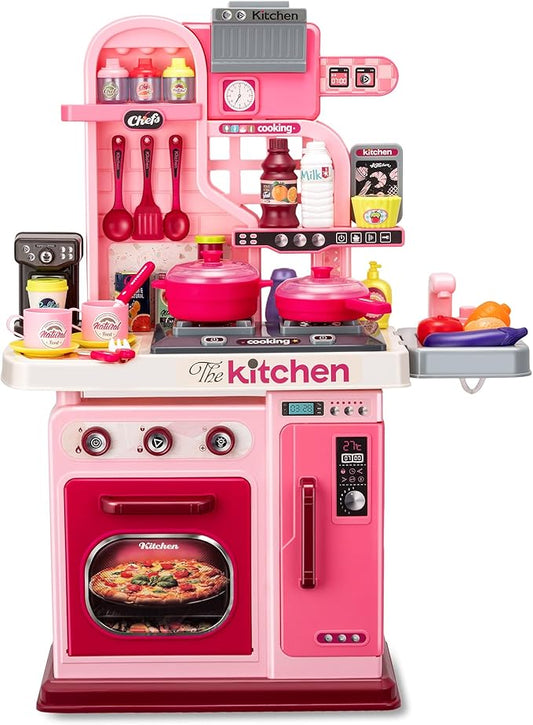 Kids Kitchen Playset-53pcs Cooking Stove,Paly Sink,Oven,Kitchen Toys with Realistic Lights&Sounds，Pretend Play Toys,Kitchen Toys for Toddlers 1 2 3 (Pink)