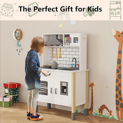 Play Kitchen for Kids, Wooden Kitchen Playset with Fruit Set, Light, Stove, Sink and Accessories, Interactive Toy Kitchen Gift for Boys Girls, White