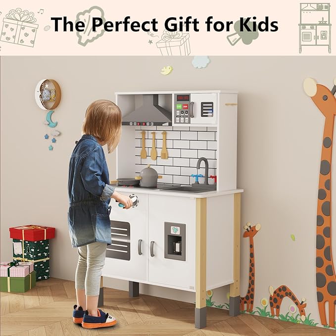 Play Kitchen for Kids, Wooden Kitchen Playset with Fruit Set, Light, Stove, Sink and Accessories, Interactive Toy Kitchen Gift for Boys Girls, White