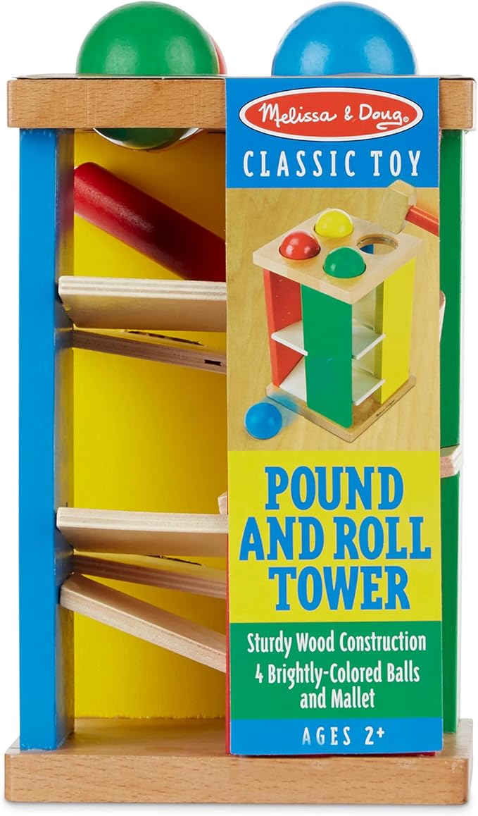 Melissa & Doug Deluxe Pound and Roll Wooden Tower Toy With Hammer - Pound A Ball, Educational Toddler Toys, Wooden Pounding Bench For Ages 2+