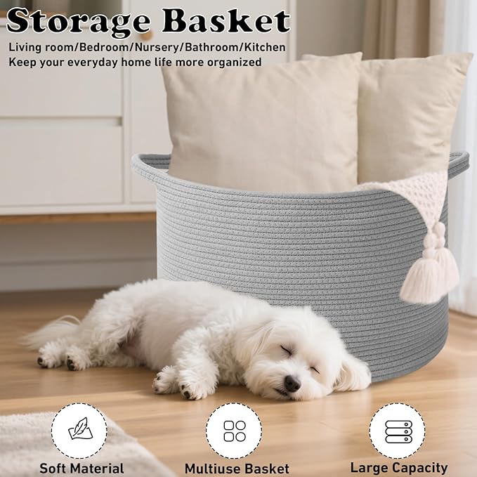 90L Extra Large Blanket Basket,Rope Woven Storage Basket with Handles, Laundry Hamper for Toys, Clothes, Pillows & Towels, Perfect for Living Room, Nursery & Bedroom,Light Grey