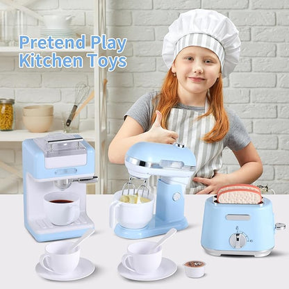 Ehome Play Kitchen Toys Kids Kitchen Accessories Pretend Play Kitchen Appliances Toy Set with Coffee Maker, Mixer, Toaster for Kids Ages 4 5 6 7 8 Girls, Birthday Gifts for Kids, Blue