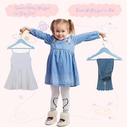 FairyHaus Kids Wooden Hangers 20Pack Blue, 12.8 Inch Baby Wooden Hangers for Closet, Anti-Rust 360° Swivel Hook, Notches & Smooth Finish, Natural Solid Wood Childrens Hangers for Clothes