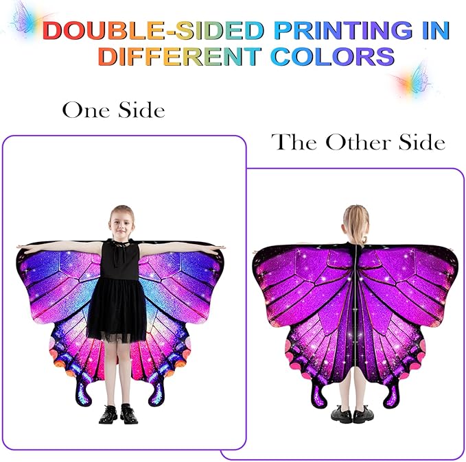 Butterfly Wings For Girls, Double-Sided Fairy Wings, Halloween Costumes for Kids, 3PCS Butterfly Cape Set.