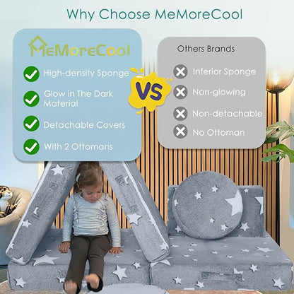 MeMoreCool Modular Glow Star Sofa for Kids, 8-Piece Convertible Foam Couch Play Set for Toddlers, Playroom, and Children