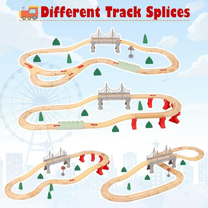 Wdmiya Wooden Train Set for Toddlers, 72 Pcs Wooden Train Track for Kids, Train Toy with Bridge and Tracks (Fits Thomas & Brio), Christmas Birthday Trains Gift for 2 3 4 5 6 7 8 Years Old