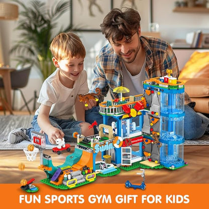 HOGOKIDS City Sports Gym Building Set - 8 in 1 Friend Sports Center Football Basketball Climbing Swimming Boxing Shooting Skateboard Building Block Kit Games Toy Birthday Gift for Kids Girls Boys 6+