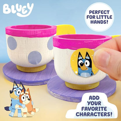 Bluey Paint & Play Tea Party, 6-Piece Wooden Tea Set, Customize with Paint & Bluey Stickers, 2 Wearable Crowns, Fun Toys for Kids, Cute Birthday Party Decorations, Pretend Play Tea Party, Bluey Toys