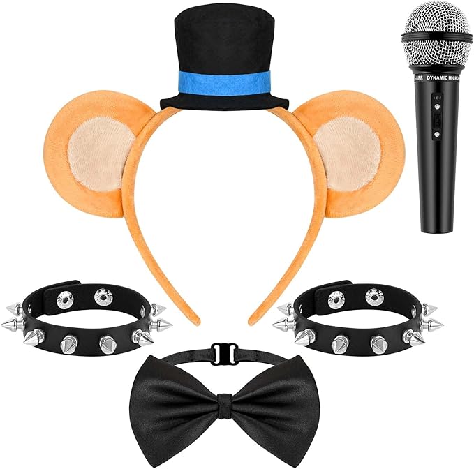 Kavoc 4 Pcs Rock Bear Ears Headband with Bow Tie Microphone Prop Wristband for Halloween Cosplay Dress up