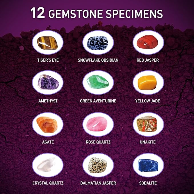 Byncceh Gemstones Dig Kit - Dig it up 12 Real Gemstone and Crystal for Kids Gems Digging Kit Mineral & Rock Collection for Kids Archaeology Geology Science Educational Gift STEM Toys for Boys & Girls