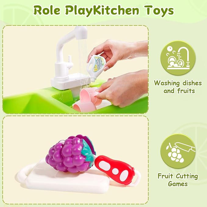 Play Sink with Running Water Play Kitchen Toddler Girl Toys Sink Kitchen Sink Toys with Apron Children Electric Dishwasher Kids Sink Running Water Play House Pretend Role Play Sink for Toddlers 1-3