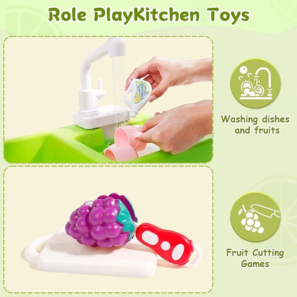 Play Sink with Running Water Play Kitchen Toddler Girl Toys Sink Kitchen Sink Toys with Apron Children Electric Dishwasher Kids Sink Running Water Play House Pretend Role Play Sink for Toddlers 1-3