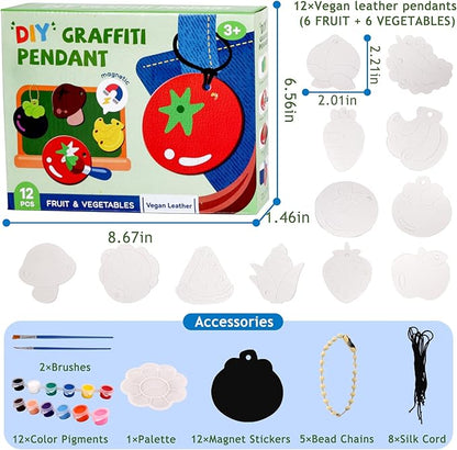 Magnetic Mini Tile Art-DIY Craft Kits for Kids,Fridge magnet painting kit for kids Ages 4-8,Soft Leather Fridge Magnets Craft Paint Set Fruit & Vegetables,Party Favors for Kids 8-12