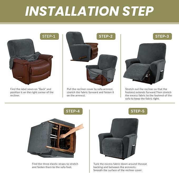 AZON Velvet Stretch Recliner Chair Cover,1-Piece Washable Recliner Couch Cover with Elastic Furniture Protector for Pets, Kids(Recliner, Charcoal)