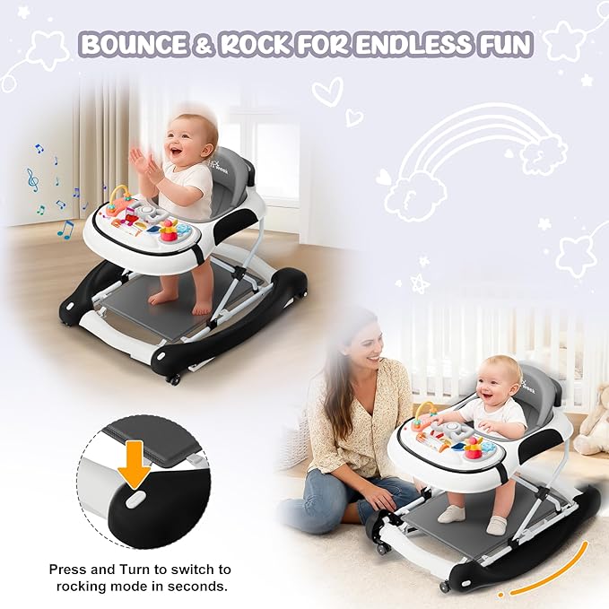 5-in-1 Foldable Baby Walker,Music and Lights Baby Walker with Wheels,Height Adjustable Infant Walker, with Activity Center, Rocker, Bouncer,Push Walker & Feeding Tray for Babies 6-18 Months (Black)
