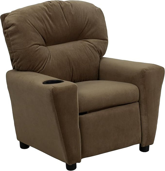 Flash Furniture Chandler Microfiber Kids Recliner with Cup Holder and Safety Recline, Contemporary Reclining Chair for Kids, Supports up to 90 lbs., Brown