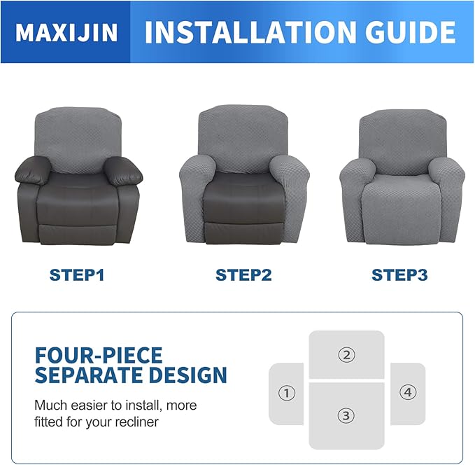MAXIJIN Oversized Recliner Covers That Stay in Place 4 Pieces Stretch Large Recliner Chair Covers Jacquard Dogs Cats Proof Reclining Slipcovers with Elastic Bottom (XL Recliner, Light Gray)