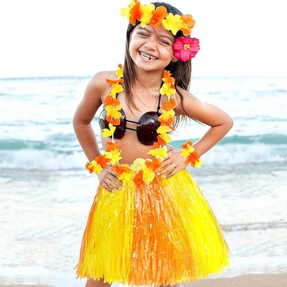 Fortuning's JDS Girl's Hawaiian Hula Grass Skirt for Party Outfits Kids Flowers Costume for Luau Tropical Beach Party Decor