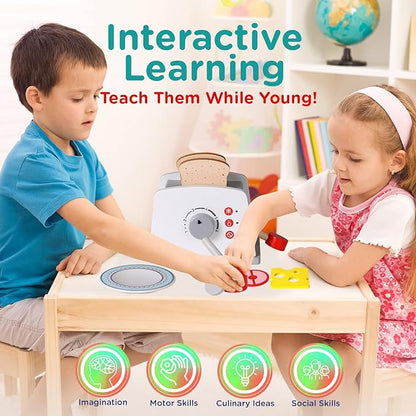 Play Brainy Pop Up Kid’s Toaster Toy with Kitchen Accessories, 8 Pc. Set, Interactive Early Learning Wood Playset with Wooden Bread, Plate, and Utensil, Girls and Boys 3+