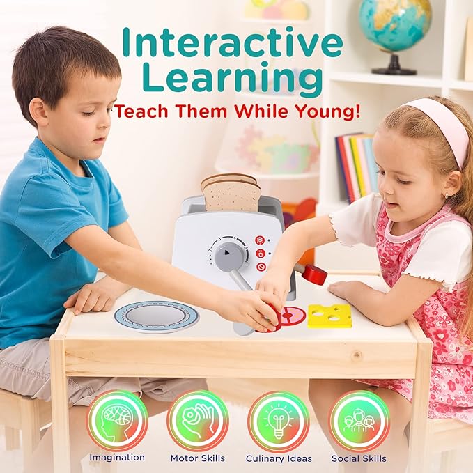 Play Brainy Pop Up Kid’s Toaster Toy with Kitchen Accessories, 8 Pc. Set, Interactive Early Learning Wood Playset with Wooden Bread, Plate, and Utensil, Girls and Boys 3+