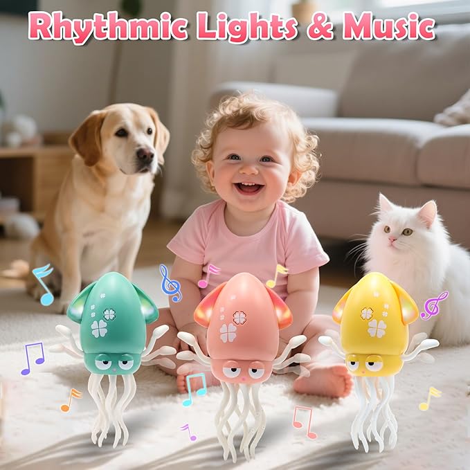 Pbooo Magic Dancing Octopus Toy, Electric Crawling with LED Lights and Music, Rechargeable Music Squid Baby Toy for 3-6 Year Olds, Tummy Time and Toddler Walking Toy, Birthday Gift, Pink