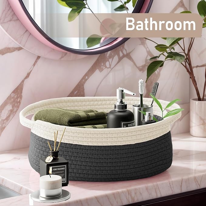 JMvicyroam Woven Basket, Small Rope Storage Bin with Handles & Ribbon Bag, Organizer for Shelves Closets,Gift Basket Empty for Birthday,Books,Dog Toys,White&Black/2 Pack