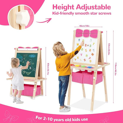 Kids Wooden Easel All-in-one Kid Easel Double Sided Standing Whiteboard Blackboard Children Art Easel with Storage, Height Adjustable Easel for Boys Girls Painting and Writing